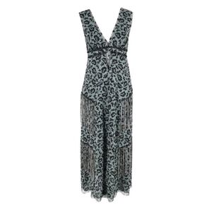 Anna Sui Blue and Black Floral Maxi Dress with Fringe